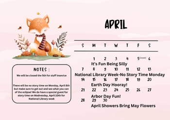 Story time calendar for April. Week 1 is 